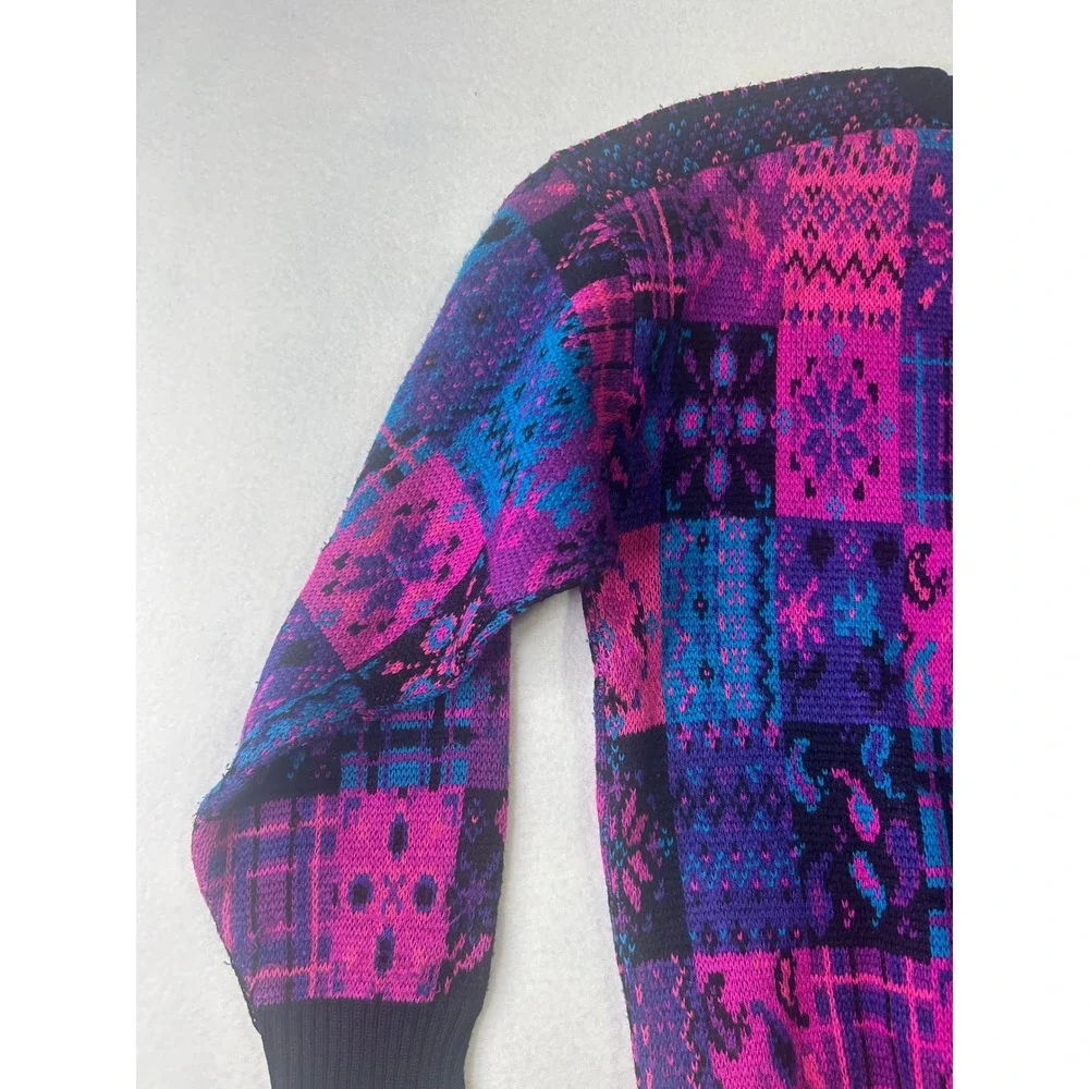 Vintage Meister Patchwork Knit Sweater Pink‎ Purple Blue Wool Blend Crewneck